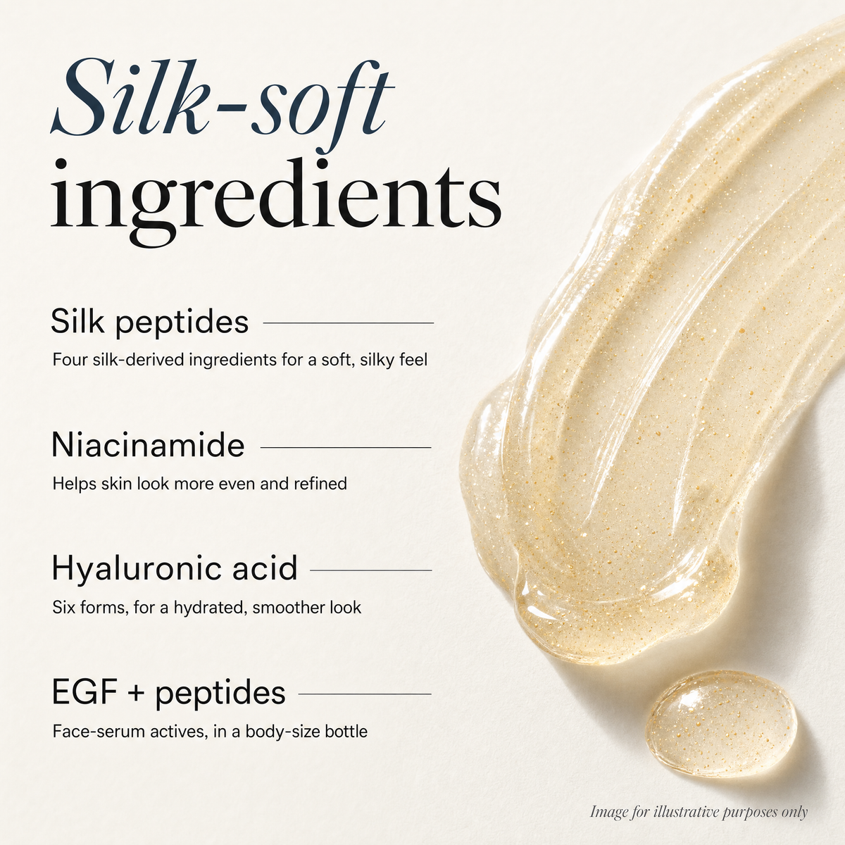 Silk-soft ingredients: silk peptides, niacinamide, hyaluronic acid, EGF and peptides